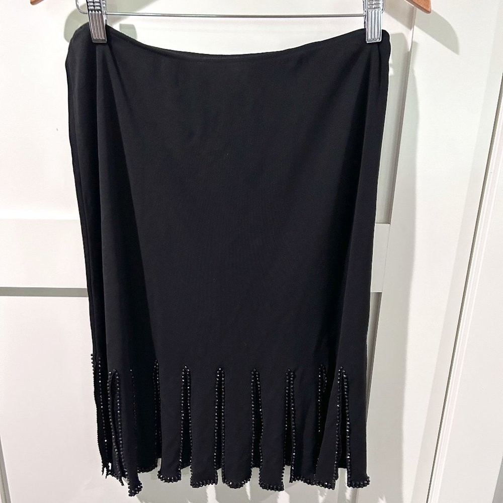 Joseph Ribkoff Black Midi Skirt with Beaded Fringe